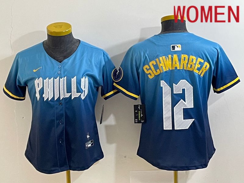 Women Philadelphia Phillies #12 Schwarber Blue City Edition Nike 2024 MLB Jersey style 1